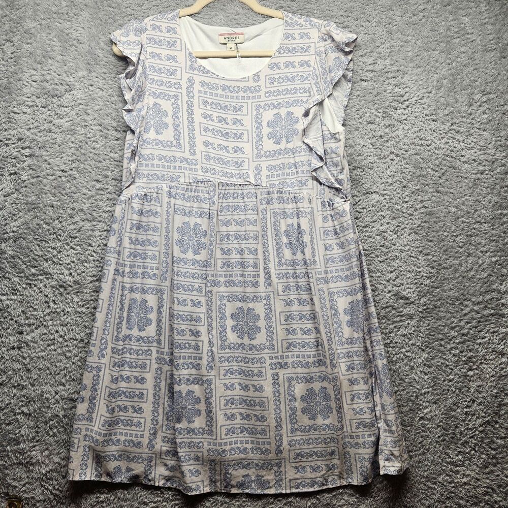 Andree By Unit White Blue Quilt Pattern Dress Womens Size Medium Knee Length